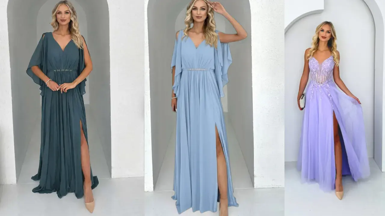 Eleganckie sukienki na wesele po 50. Trzy modele: grafitowa, błękitna i liliowa, z rozcięciami i zdobieniami.